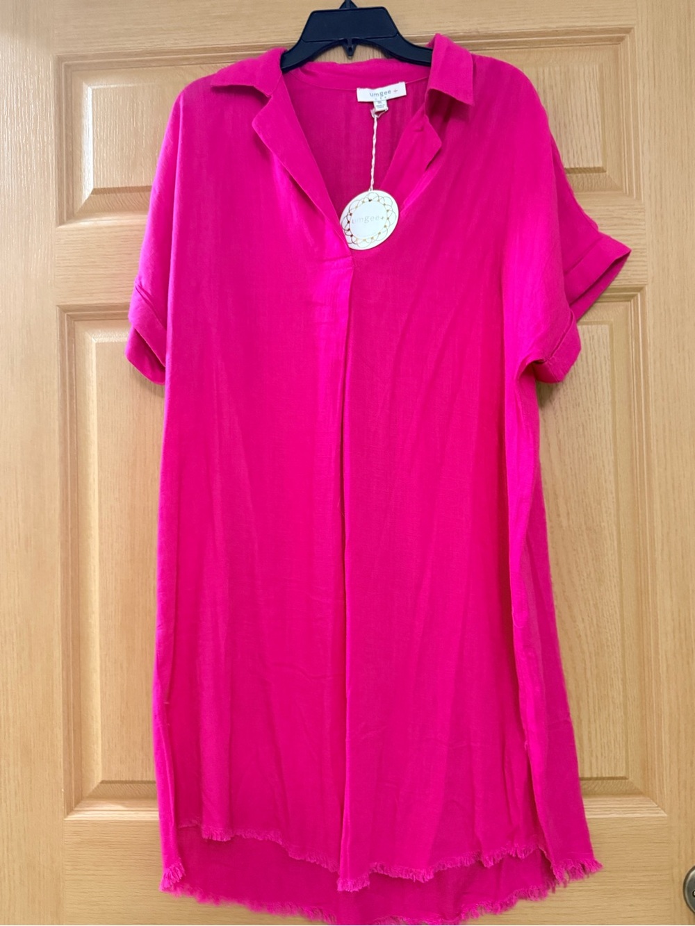 Umgee Hot Pink Short Sleeve Split-Neck Tunic